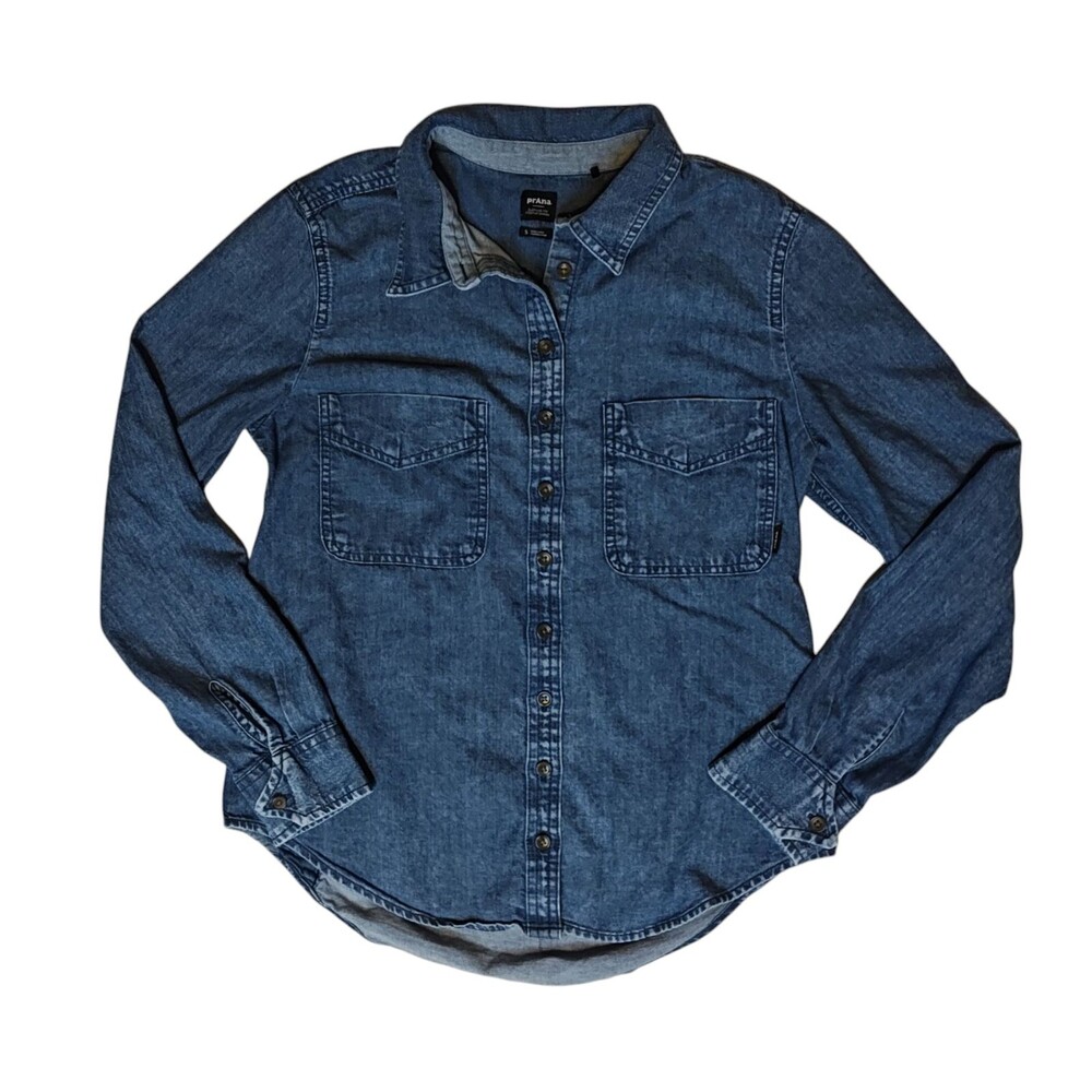 Prana Shirt Women's Small Polished Blue Chambray Button Down Blouse Chest Pocket